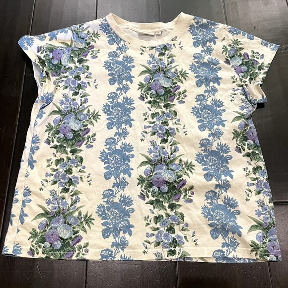 Clare V. Floral Stripe Cotton Classic T-Shirt Blue Cream Women's Size S - Picture 1 of 4